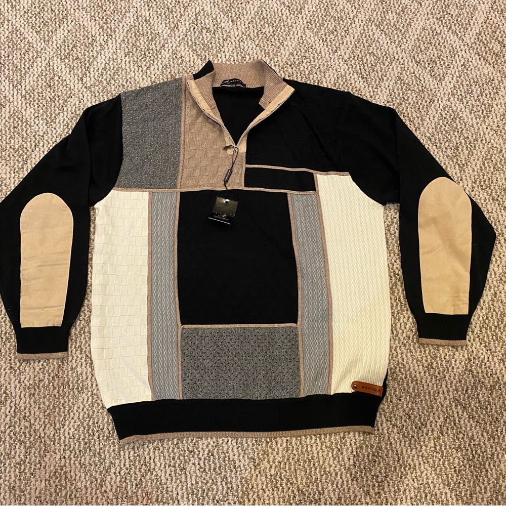 Black and Tan Zip Up Sweater with Geometric Design